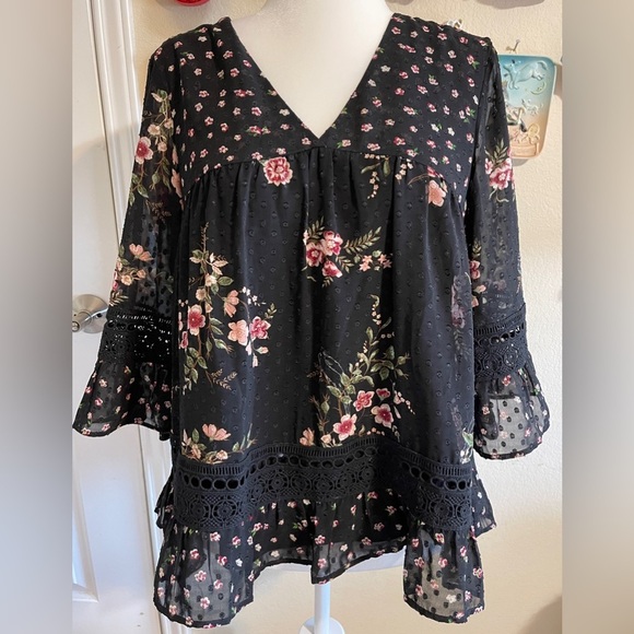 Maeve Tops - Maeve Steffy Peasant Shirt Black Ditsy Floral Crochet Romantic Boho Medium